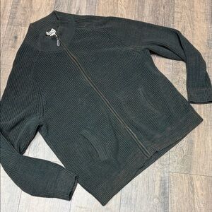 L.L. Bean Men's Dark Green and Brown Marle Full-Zip Cotton Knit Sweater